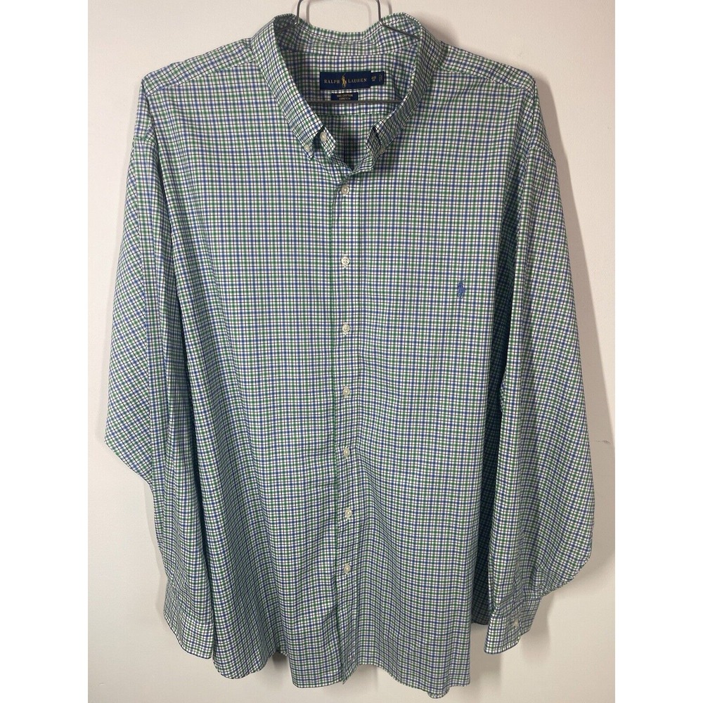 Ralph Lauren Cotton Stretch Button Up Shirt 4XB Green Blue Check Long Sleeve